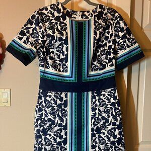 Women's Boden Navy & White Floral Sheath Dress - Striped Panel Detail - US 8L